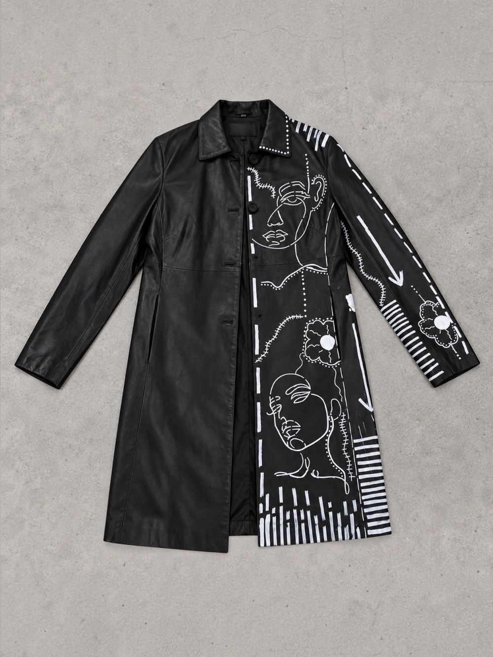 One-of-a-Kind Hand-Painted Black Leather Trench Coat, Unisex Abstract Wearable A